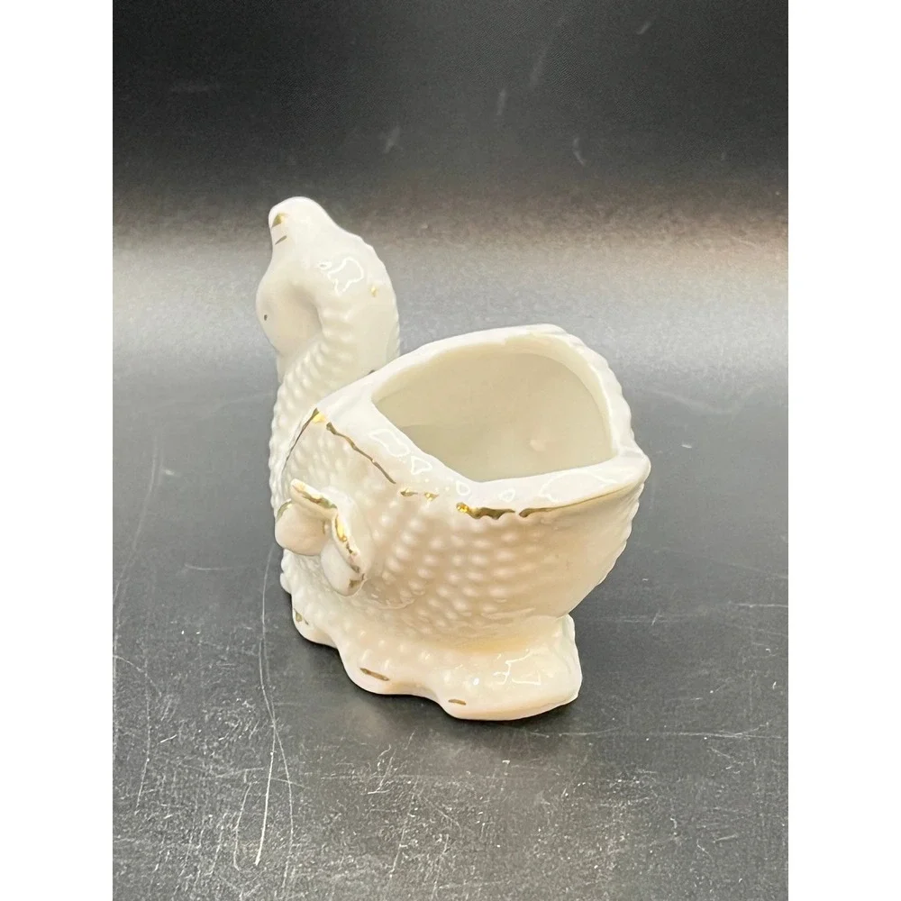 Vtg White Small Hobnail Ceramic Swan Planter Trinket Dish Gold Trim Japan 2x2.5